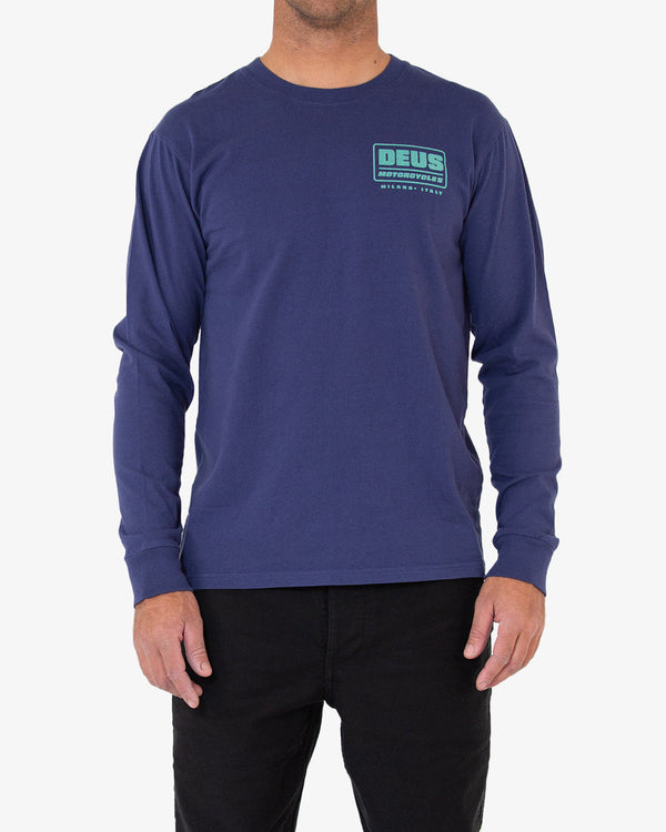 blue regular fit long sleeve tee with chest and back prints, 100% recycled cotton 200gm jersey fabrication with a heavy enzyme stone wash