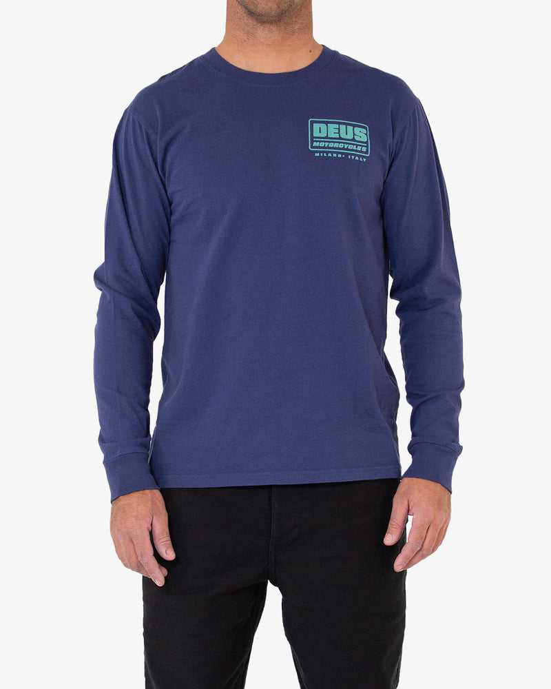 blue regular fit long sleeve tee with chest and back prints, 100% recycled cotton 200gm jersey fabrication with a heavy enzyme stone wash
