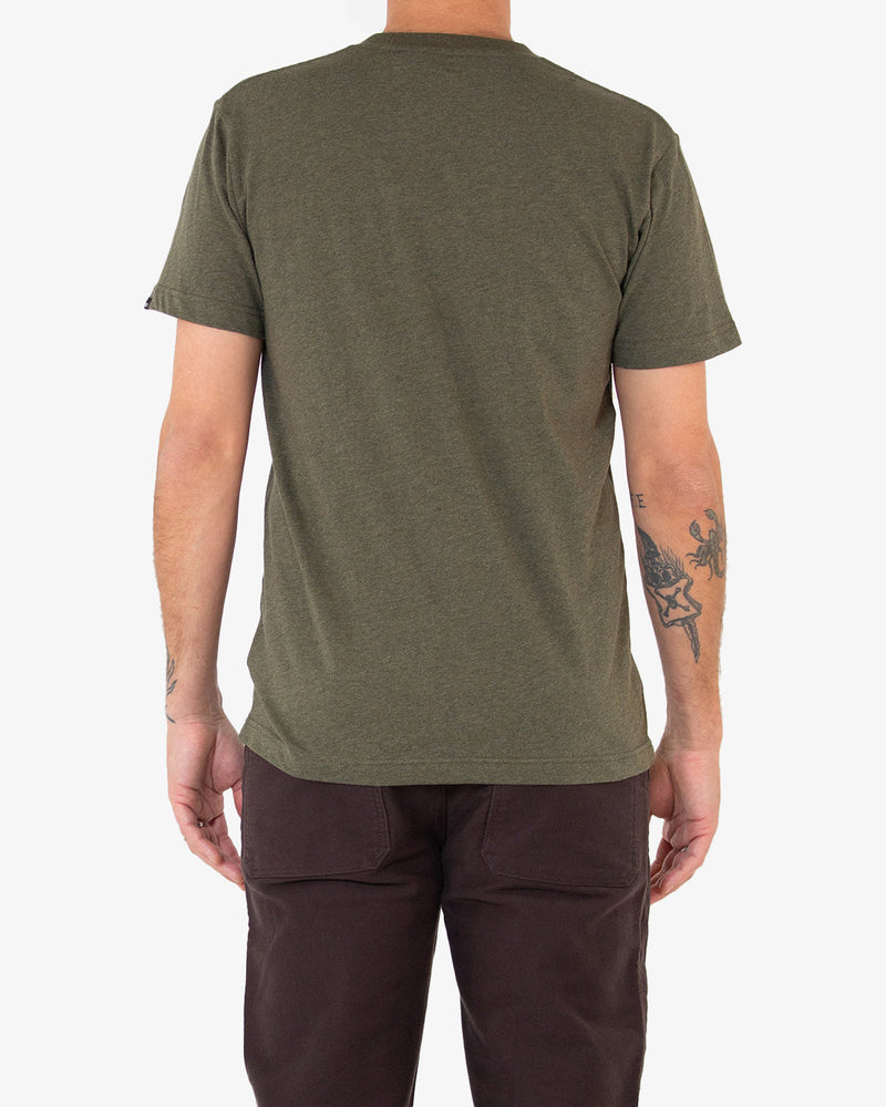 khaki regular fit t-shirt with chest and back prints, 150gm combed cotton jersey fabrication with a garment wash