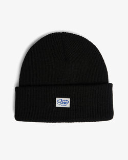 black deep fit black classic skull cap beanie with front branded label in 100% acrylic yarn plain knit