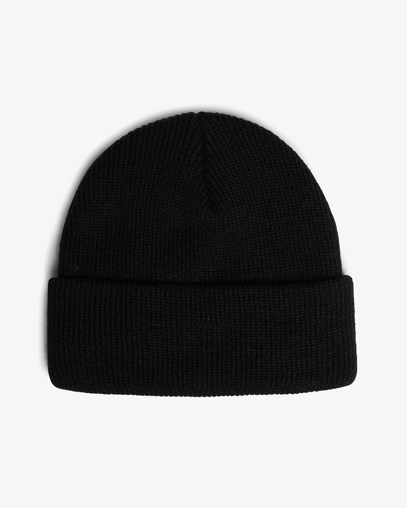 deep fit black classic skull cap beanie with front branded label in 100% acrylic yarn plain knit