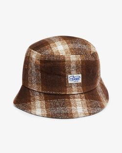 brown regular fit bucket hat with branded front label, wool and poly blend fabrication with light garment wash