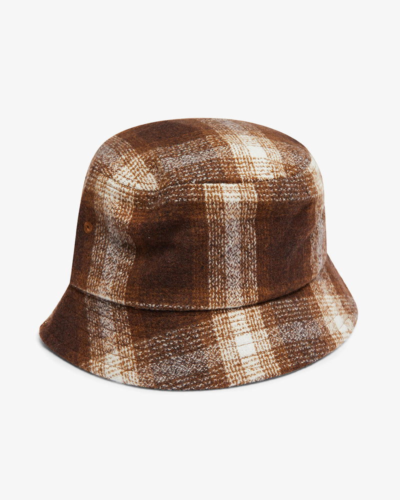 regular fit bucket hat with branded front label, wool and poly blend fabrication with light garment wash
