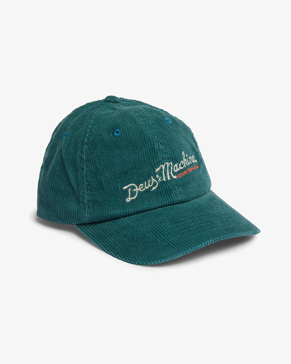 teal classic 6 panel dad cap with front and back embroidered artwork, in 100% cotton corduroy fabrication